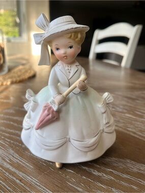 Relpo K1399 Vintage Porcelain Figurine Girl Planter with Pink Umbrella Japan